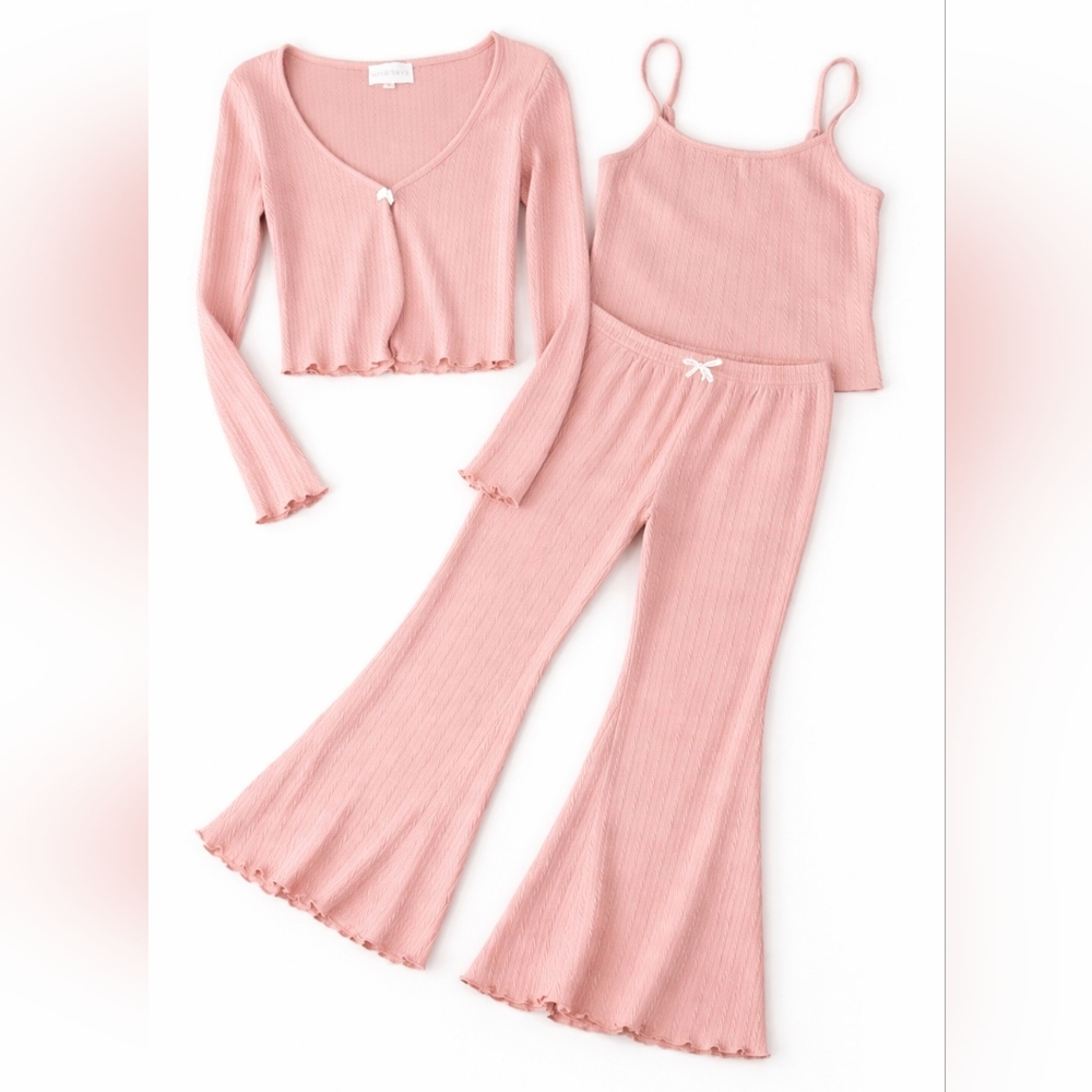 Ribbed Pink 3-Piece Pajama Set - Women’s Sleepwear, Size Medium